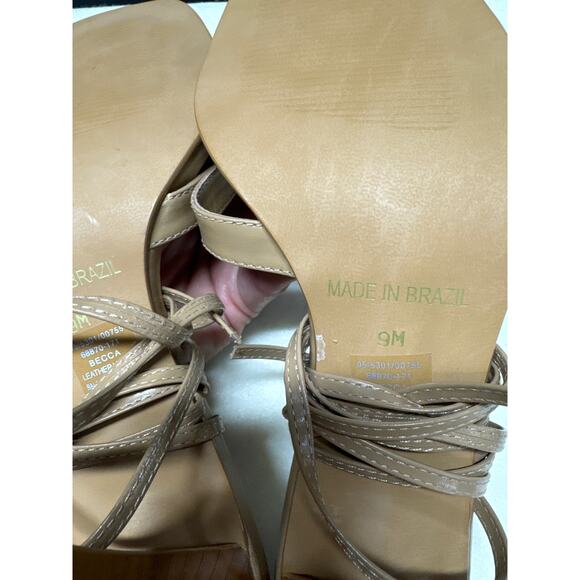 Bruno Valenti Beige Tan Wrap Up Wooden Heel Strappy Sandals Women 9 - Picture 6 of 6